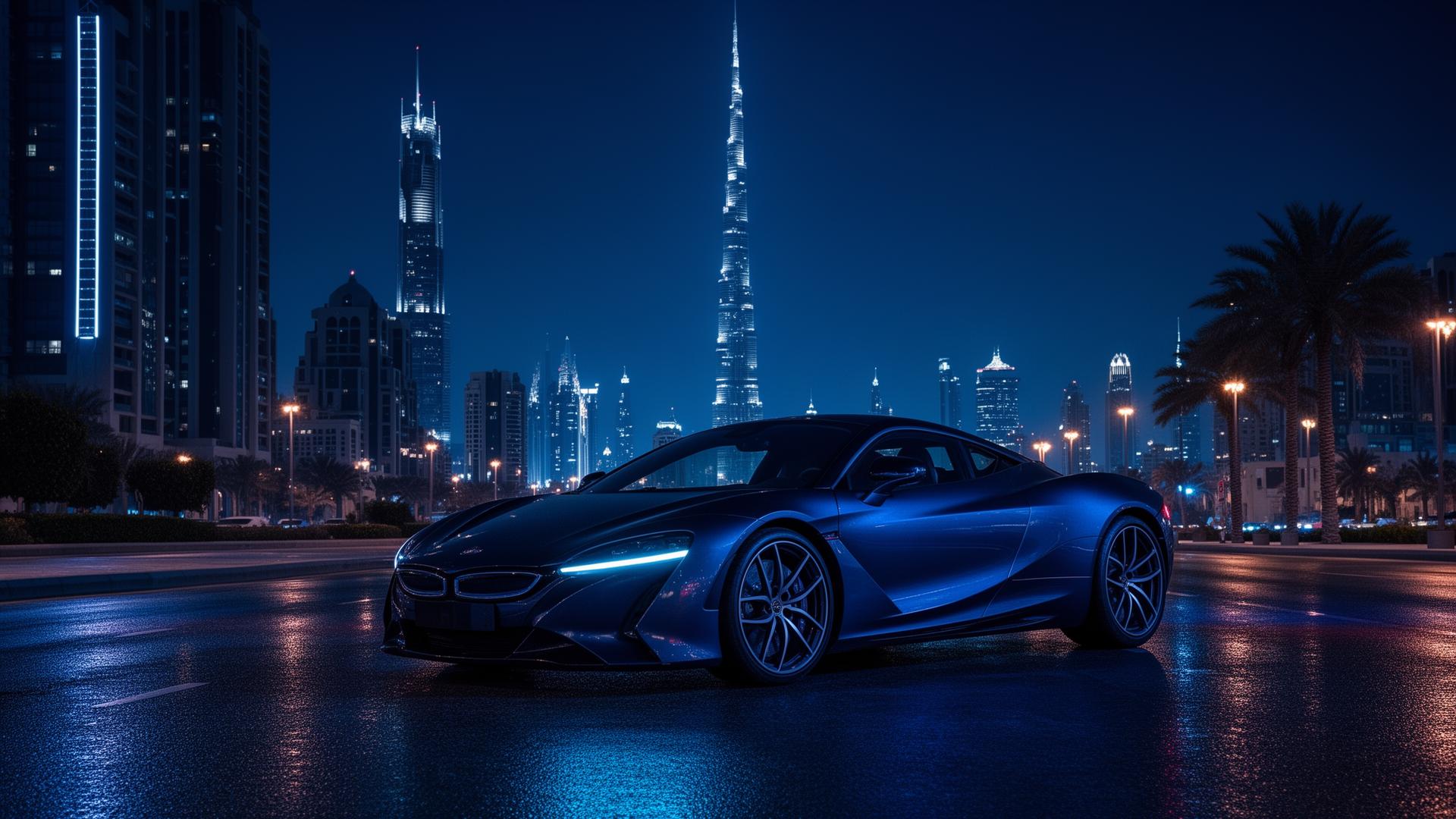 Luxury car under Dubai skyline at night